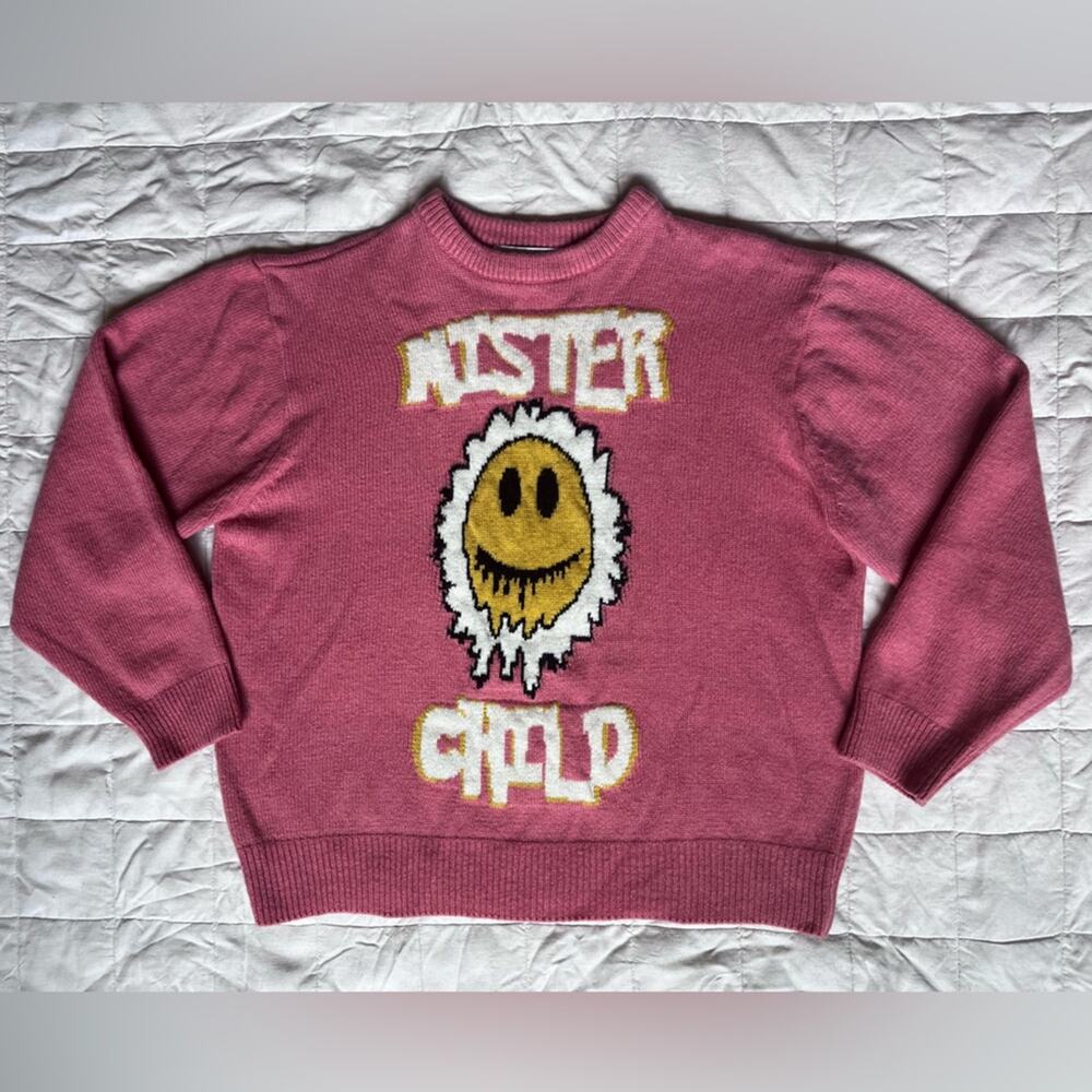 Mister Child Spell Out Wool Blend Pink Smiley Graphic Sweater Korean K Pop -M